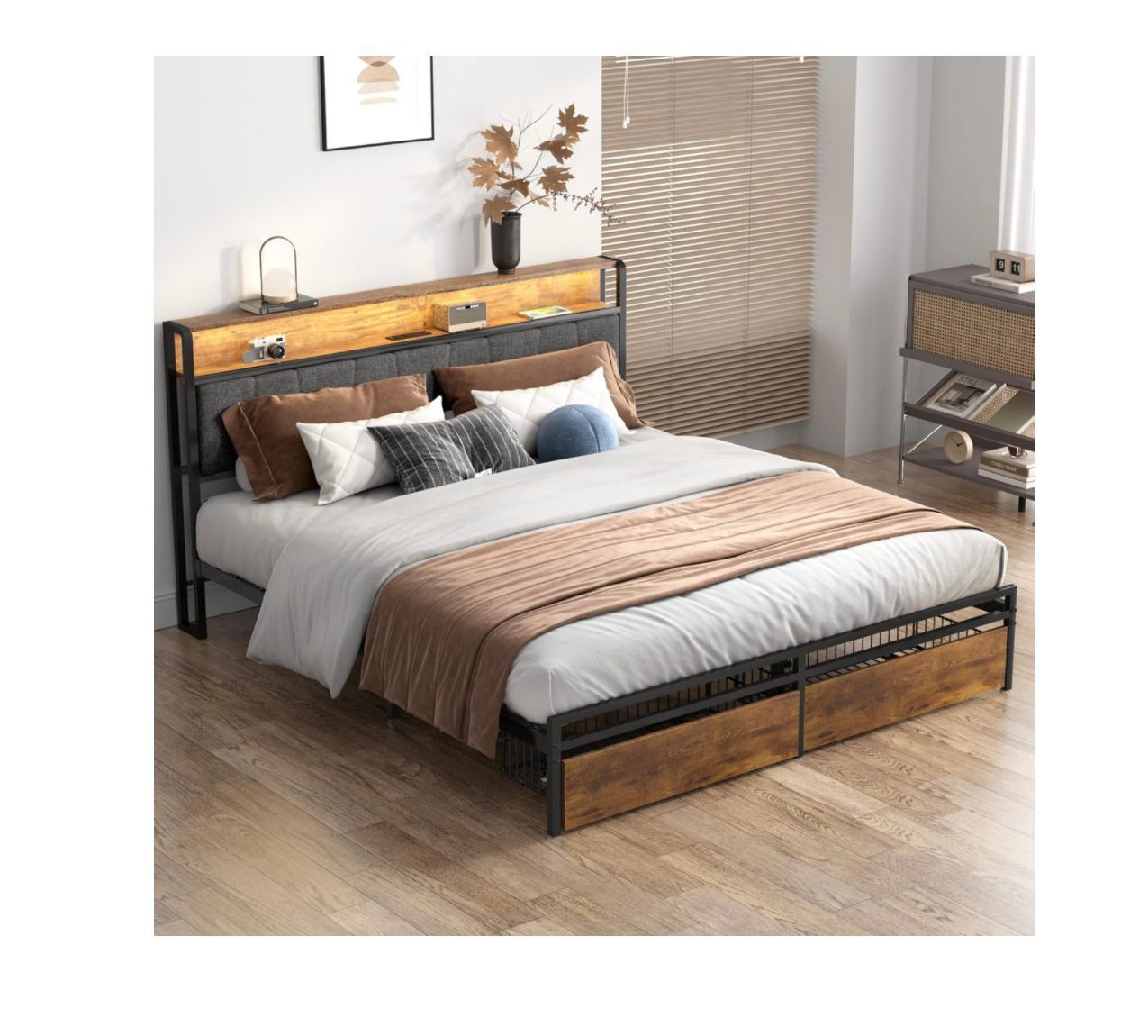 Queen Size Bed Frame with Upholstered Wingback Headboard, Heavy Duty Metal Bed Frame with 2 Storage Drawers, LED Light(6270 Queen)