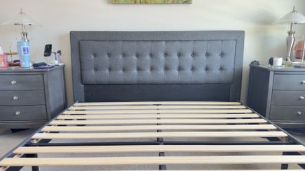 California king platform bed, upholstered charcoal gray