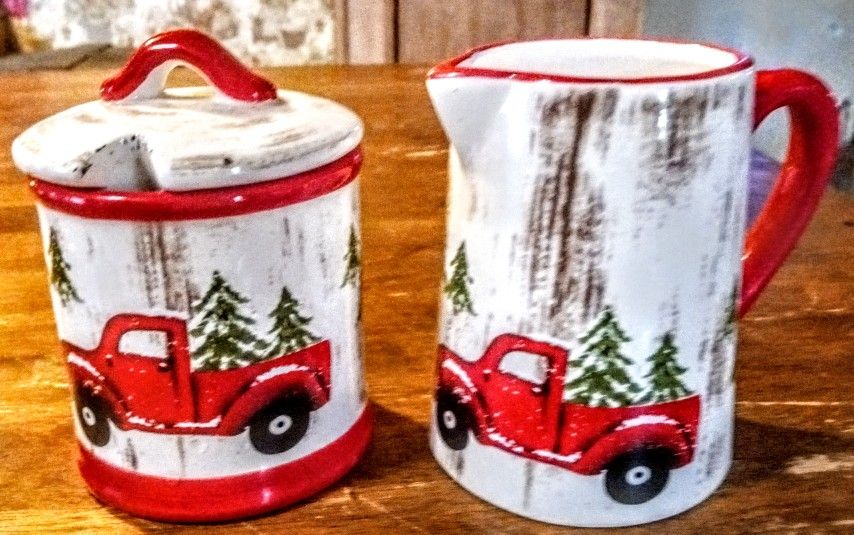Red Truck Sugar Bowl And Creamer Pitcher 