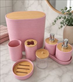 8 Pcs Pink Bathroom Set - Bathroom Accessories Set, Luxury Bathroom Accessory Set with Trash Can, 2 PC Soap Dispensers for Apartment Decor and Housewa