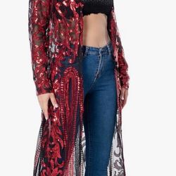 MEDIUM RED Sequin Cardigan Summer Cover Up Dress Glitter Sparkle Open Front Coat Dresses Duster for Evening 