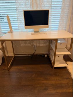 White & Gold Office Desk with Storage Shelves