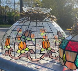Large Vintage Tiffany Style Stained Glass Floral 20" Swag Chandelier Hanging Lamp