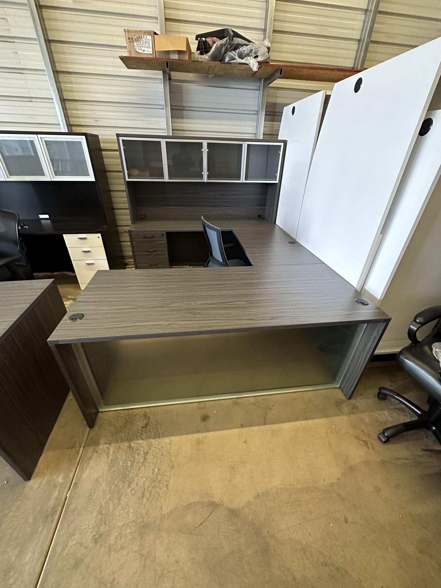 Brown U Shaped Desk With Glass Modesty Along With Hutch And Pedestal