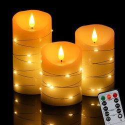 Set of 3 Flameless Flickering Ivory Real Wax Pillar Candles with Embedded String Lights