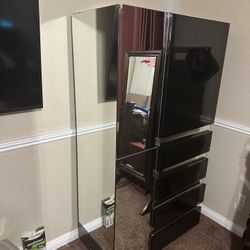 Black Lacquer Wood And Mirror Armoire