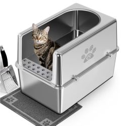 NEW/Enclosed Food Grade Stainless Steel Cat Litter Tray Box with Lid & Mat & Scoop