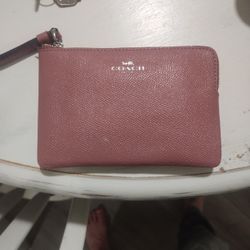 Coach Pink Leather Single Zip Wristlet Wallet with Strap and Zippe