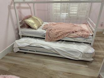 Kids White Metal House Bed Frame with Trundle