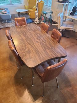 Vintage Dining Table Brown Wood Veneer + 6 Chairs