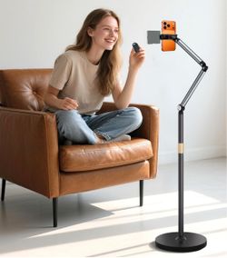 Phone floor stand, cell phone stand with flexible arm, 69”in height adjustable, 360 degrees rotatable, NEW, (ARSOER)