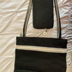 Vintage The Sak Purse/shoulder bag crochet knot with beige/ecru stripe,plus matching wallet like new