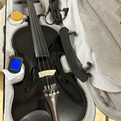 4/4 Black Electric Acoustic Violin with New Bow, Digital Tuner, Shoulder Rest, Extra Strings $160