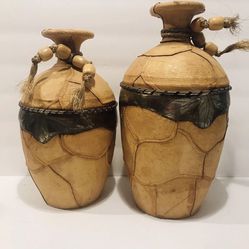 Set Of Two Vintage Leather Wrapped Vases Vintage Farmhouse Rustic Vases 11”,9”.  Beautiful and stunning pair of rustic vases, leather wrapped with met Thumbnail
