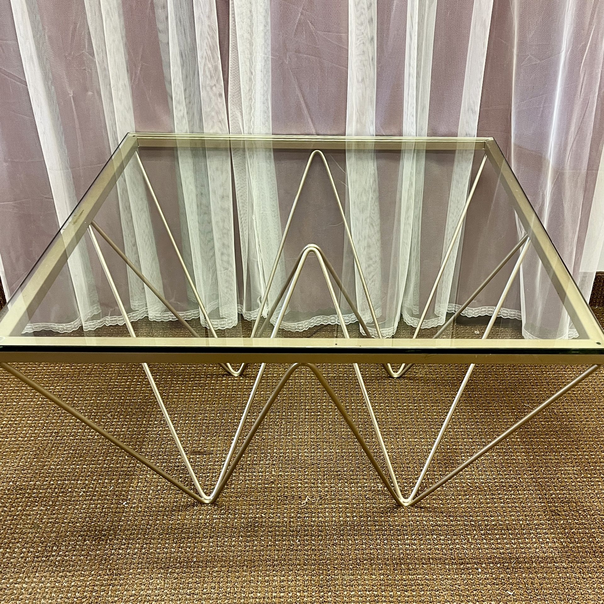 Alanda-style Glass top pyramid coffee table, gold. MCM Accent Center Table. Free to ask, I reply.