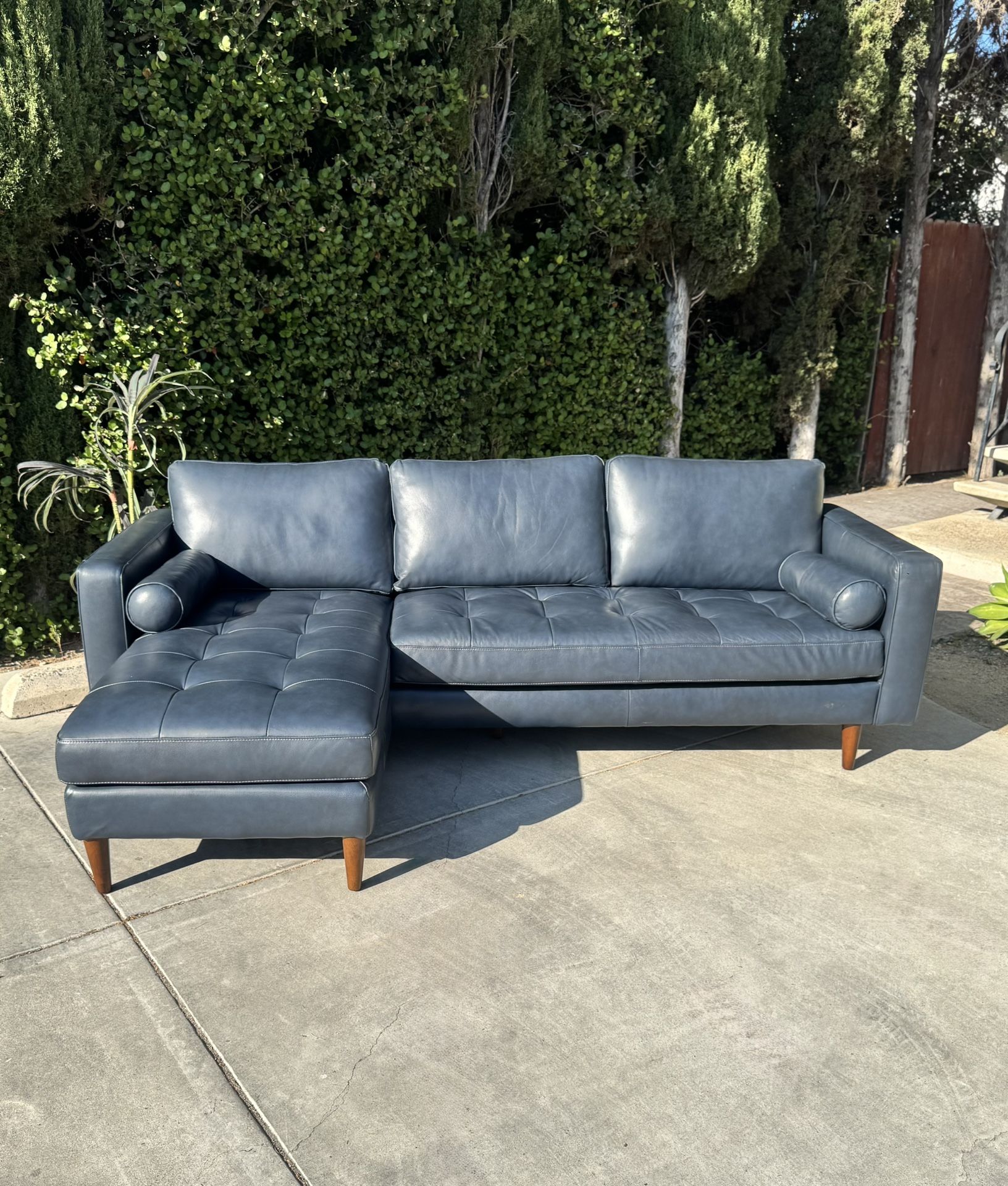 Mid Century Modern Tufted Leather Reversible Sectional Sofa Chaise Couch