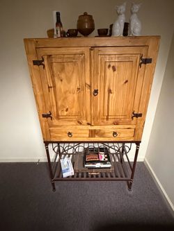 Rustic Pine Bar Cabinet with Metal Base