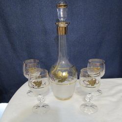 Vintage Crystal Czech Bohemian Wine Decanter Set & 4 Glasses Gold Leaf