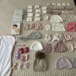 Newborn Baby Girl Beanies, Bows, Hair Clips, Socks, Burp Clothes