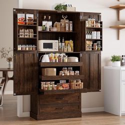 71" Kitchen Pantry Cabinet, 3 Pull-Out Shelves & 2 Drawers, Brown Tall Farmhouse Pantry Storage Cabinet with 6 Door Shelf & Adjustable Shelf, Freestan