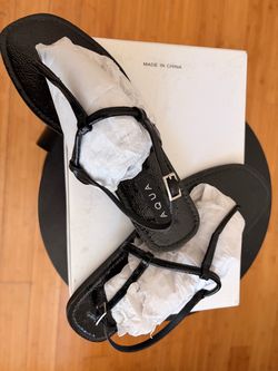 Aqua Black Patent T-Strap Sandals