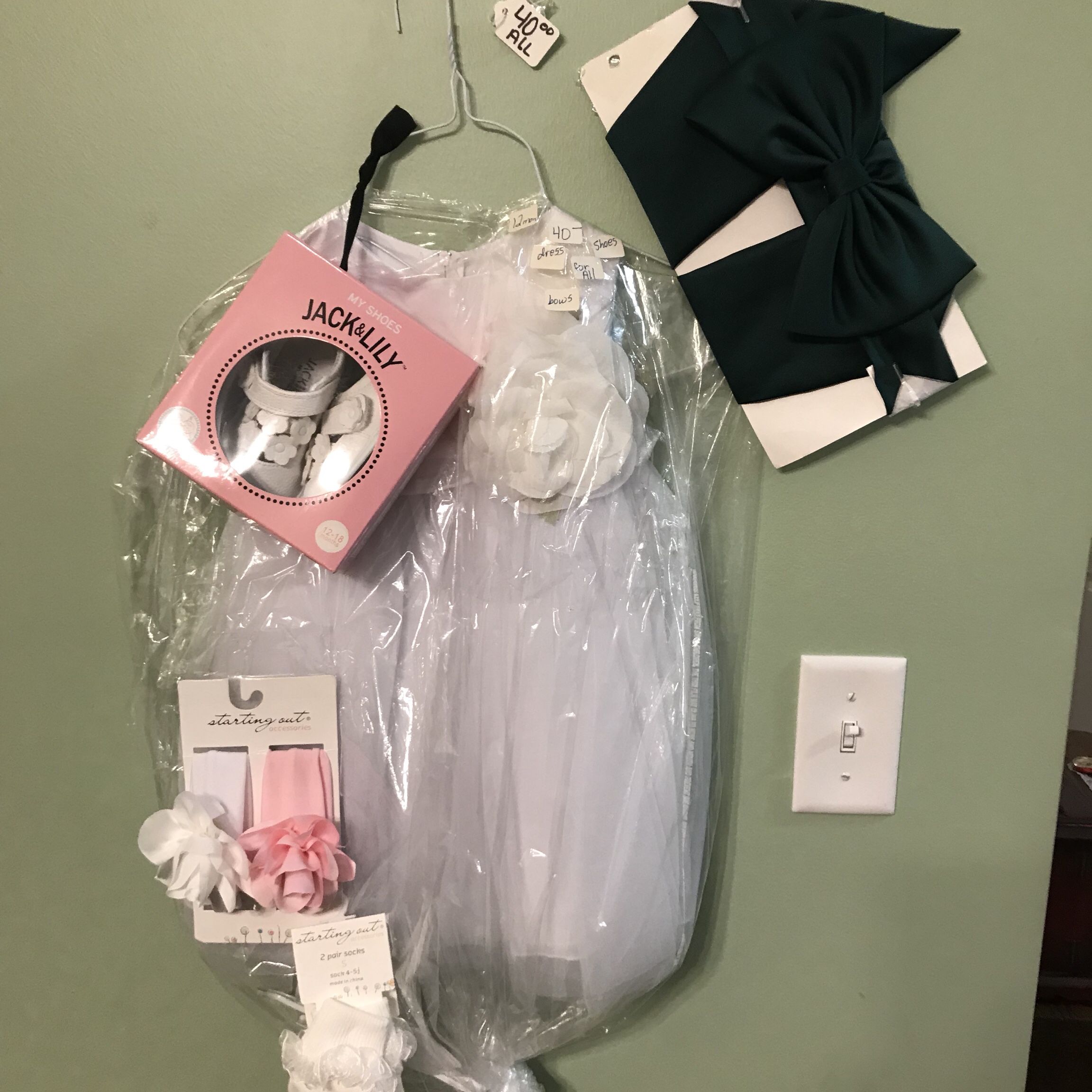 12 to 18 month dress for a wedding, shoes, socks, hairbows, big green bow, NEVER WORN, DIDN’T GET TO BE IN WEDDING AFTER ALL. Paid $67 for it all