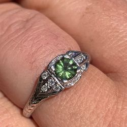 Vintage Green Sapphire & Diamonds  Engagement Ring