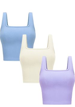 Womens 3PC Crop Tank Tops Square Neck Workout Top