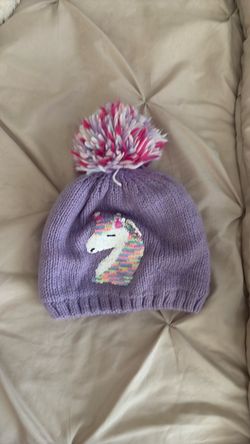 Kids Purple Unicorn Knit Pom Beanie