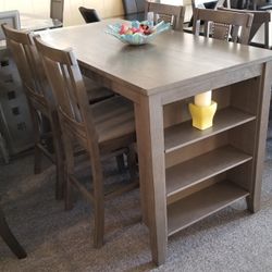 Brand New Gray Counter High Dining Table With Shelves (60"×30"×36"H) + 4 Chairs