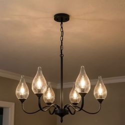 New 23.6” 6-Light Black vintage Chandelier Rustic Iron Candle Dimmable Adjustable Height 