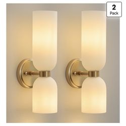BlesUluk Mid Century Bathroom Wall Sconce - Set of 2 Modern Brushed Gold Brass Sconces - Frosted Milk White Glass