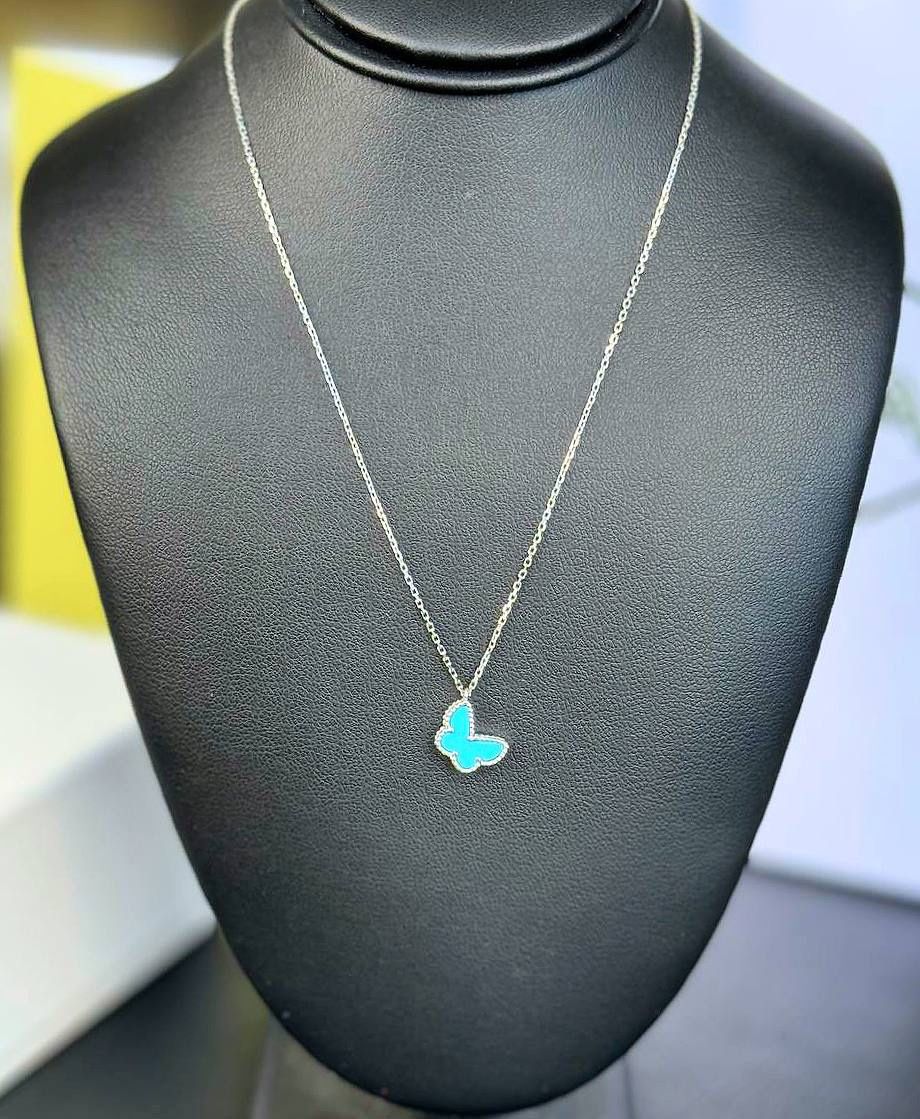 18k white gold Van Cleef style Sweet Butterflies Blue turquoise stone necklace full set