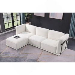 120" Modular Chenille Sofa Sturdy Iron Wood Frame Upholstered Couch Modern,White