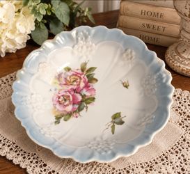 Vintage 9” Scalloped Floral Bowl – Pale Blue & White Pink Roses Cottage Decor