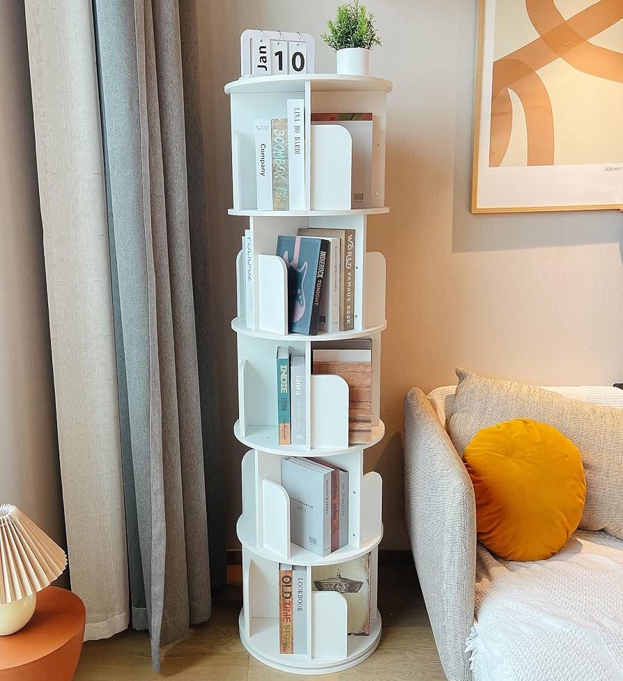 Wooden Rotating Bookshelf 360 Display Floor Standing Bookcase Storage Rack for Kids&Adults Multi-Functional Bookshelf Organizer (White (5-Ti