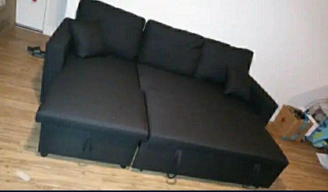 Black Linen Pull Out Sectional Sofa w/storage chaise