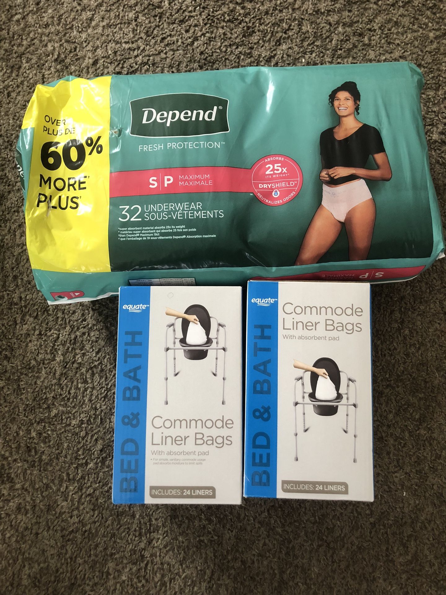 Depends Underwear & Equate Liner Bags  