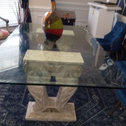 Glass Dining Table w/ Carved Pedestal Base – Priced to Sell 