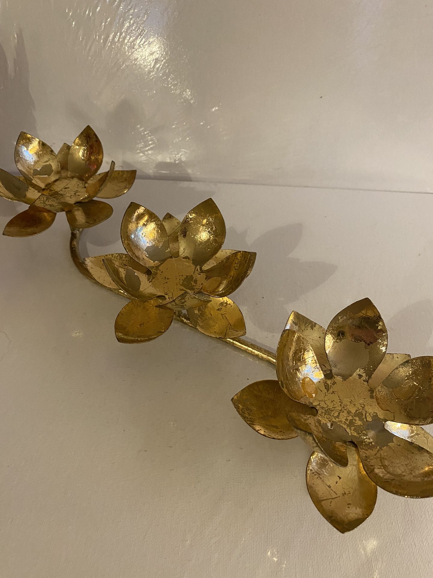 Metal gold flower tealight or votive candle holder centerpiece. Perfect for faux candles. Vintage 16x4 Inches. .