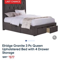 Elridge Granite 3 Pc Queen Upholstered Bed with 4 Drawer Storage