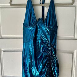 Women’s Turquoise Metallic Dress - Cinch Up Side Size Large