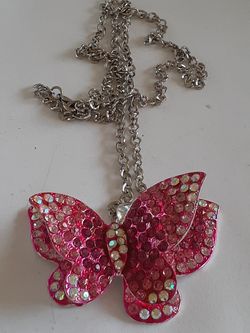 Pink crystal large Butterfly necklace