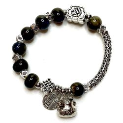 Cat Bracelet Silver brown blue swirl beads Ceramic Silver lucky Charm