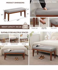 43.5’’ Faux Leather Bedroom Bench, Upholstered End of Bed Bench, Padded Vintage Dining Bench, Entryway Bench with Solid Wood Legs, Kitchen, Living Roo