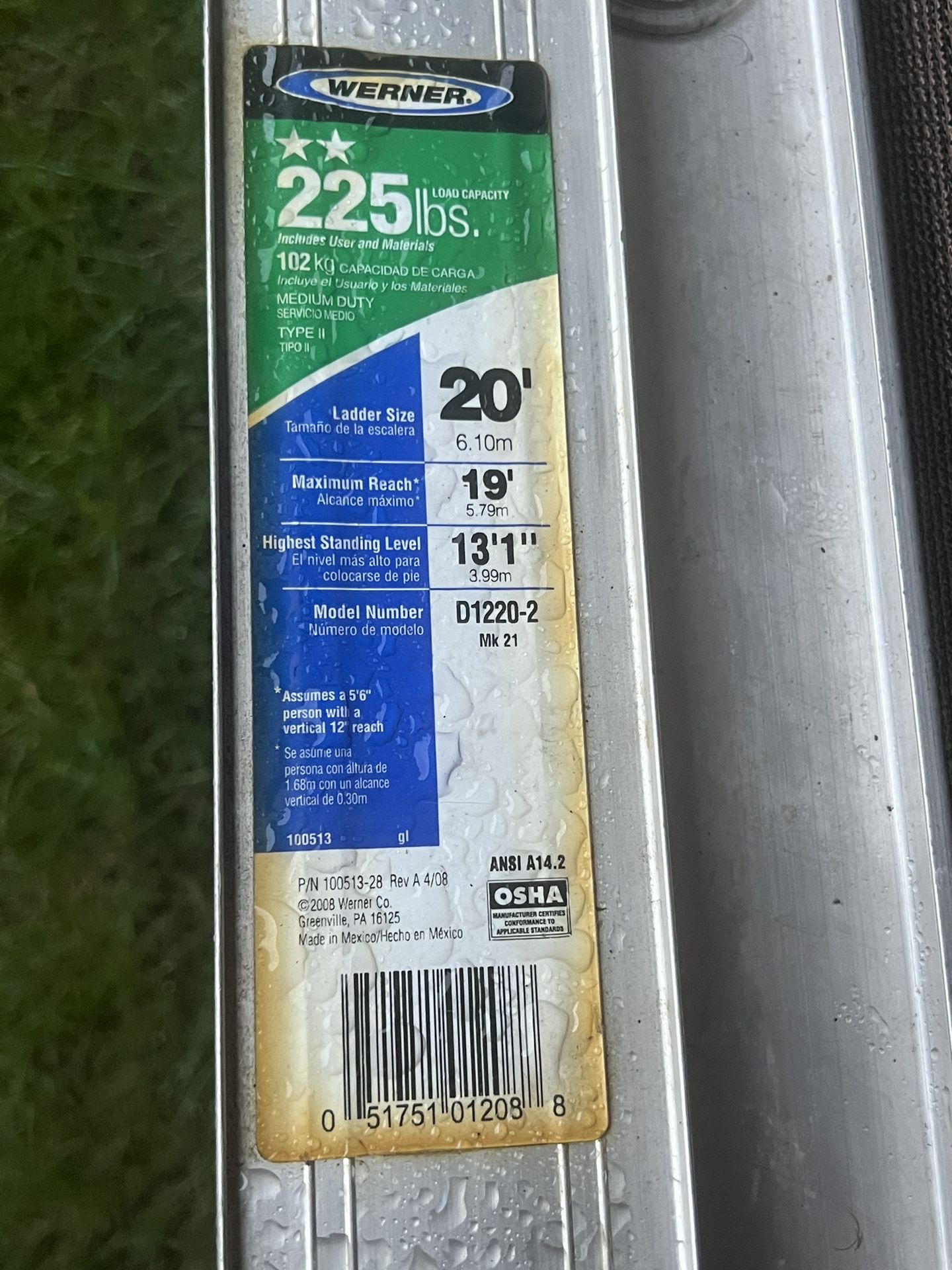 Werner 20 Ft Ladder 225 Lb Capacity