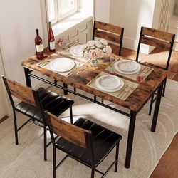 Dining Table Set for 4, Wood Kitchen Table with Upholstered Chairs for Kitchen Room and Small Spaces, Rustic Brown