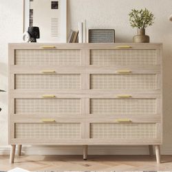 8 Drawer Rattan Dresser, Mid Century Modern Rattan Chest for Bedroom, Living Room, Hallway, Entryway, 47.2" x 15.7" x 37", Natural Tone