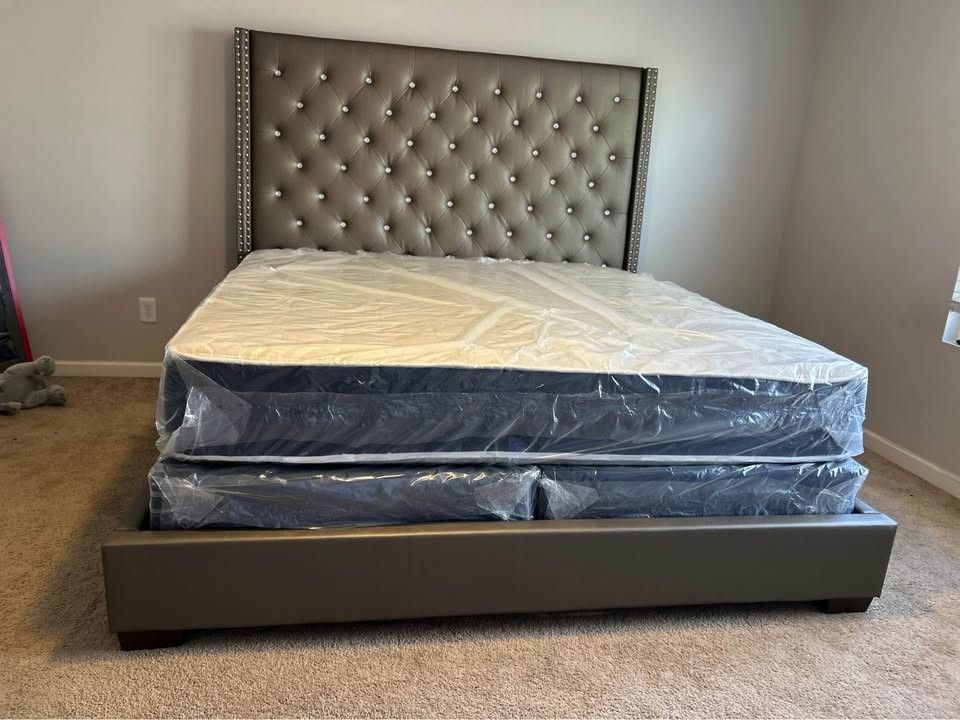 Brand New Grey Upholstered 6 Ft Tall Diamond Tufted King & Queen Size Bed Frame - Mattress