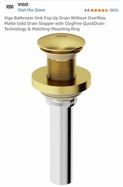 Vigo Bathroom Sink Pop Up Drain Without Overflow, Matte Gold Drain Stopper with ClogFree QuickDrain Technology & Matching Mounting Ring